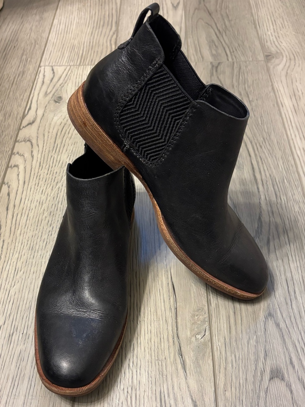 Kork-Ease Black Leather Chelsea Ankle Booties with Brown Sole